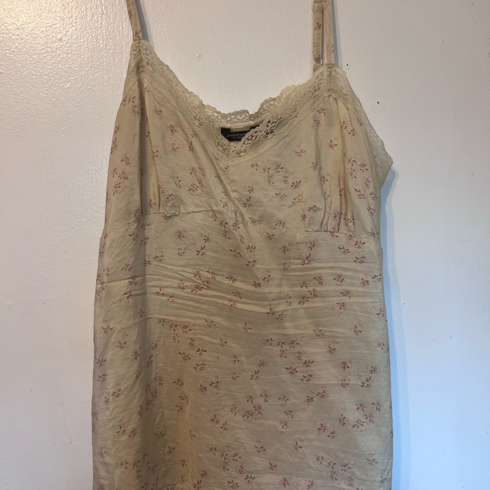 American Eagle Outfitters Cream Slip Dress with Pink Floral Print and Lace
